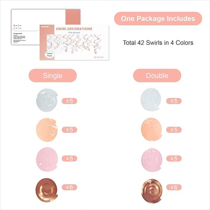 Pink Hanging Swirl Decorations for Party – 42PCS Rose Gold Foil Ceiling Streamers with Hooks for Birthday, Bridal Shower, Bachelorette, Holiday Celebrations