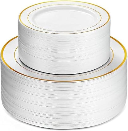 Neatiffy100 Pcs Gold Rim Plastic Dinnerware Set (50 Guest) | 50 x (Dinner Plate, Dessert Plate) | For Wedding, Luxurious Party, Special Event