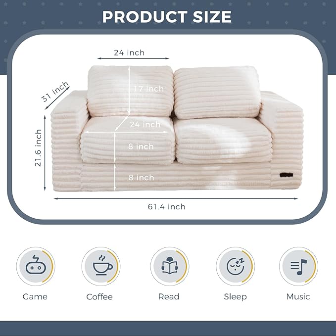 MAXYOYO Bean Bag Chair for Adults, Upholstered Loveseat Floor Sofa with Pillows and Armrests, Large Bean Bag Sofa Plush Couch for Bedroom Living Room, Beige