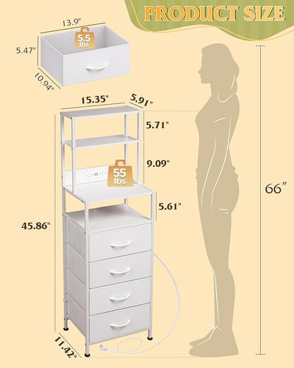 WLIVE Tall Nightstand with Charging Station, LED Night Stand with 4 Drawers and Storage Open Shelves, Fabric Dresser for Bedroom, Living Room, Office, White