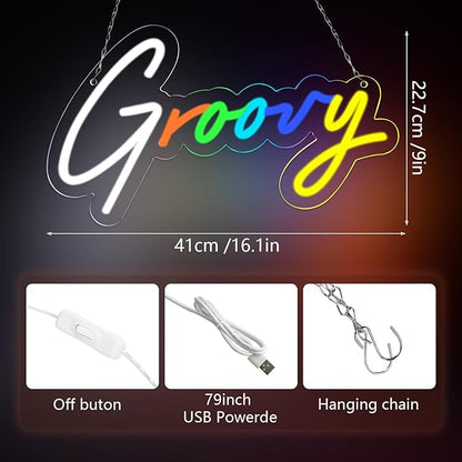6-Color Groovy Neon Sign - 16x9 Inch Vintage Wall Decor for Game Rooms & Creative Studios, Unique Gift for Gamers/Designers