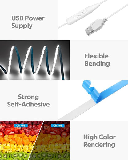 5V USB COB LED Light Strip Dimmable High Density White Light for TV 16.4FT 6000K 320LEDs/M Flexible LED Strip Lights USB Powered with Self -Adhesive for Bedroom Mirror TV Backlight Decor 5M