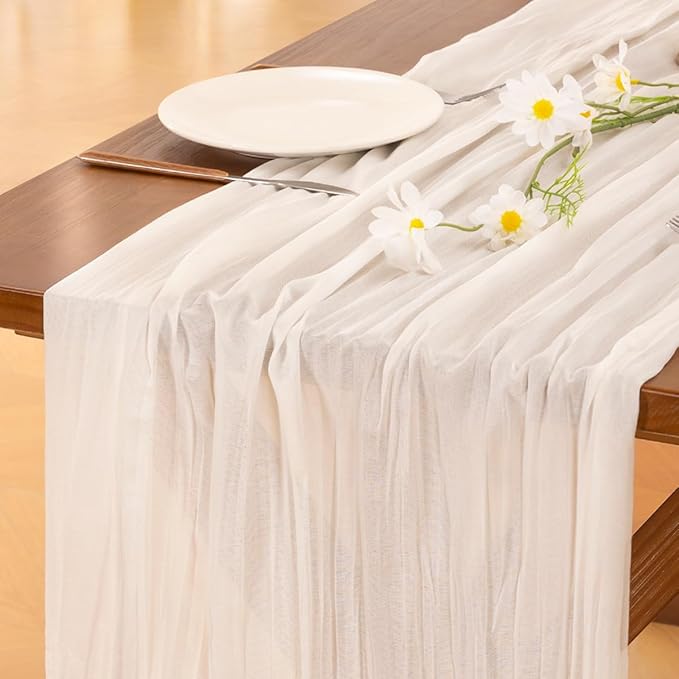 Socomi 15pcs Ivory White Cheesecloth Table Runner Fall Thanksgiving Boho Rustic Gauze 120 inch 10FT Cheese Cloth Runner for Wedding Party Baby Shower Birthday Home Decor Holiday Decorations