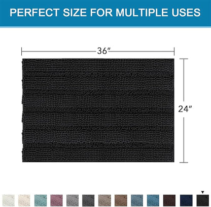 H.VERSAILTEX Bath Mats for Bathroom Non Slip Extra Thick Chenille Striped Bath Rug 24" x 36" Absorbent Non Skid Fluffy Soft Shaggy Rugs Washable Dry Fast Plush Mats for Indoor, Bath Room, Tub - Black