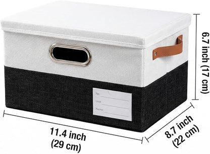 PRANDOM Storage Bins with Lids [3-Pack] Linen Fabric Foldable Storage Boxes Organizer Containers Baskets Cube with Cover for Bedroom Closet Office Black & White（11.4X8.6X6.7