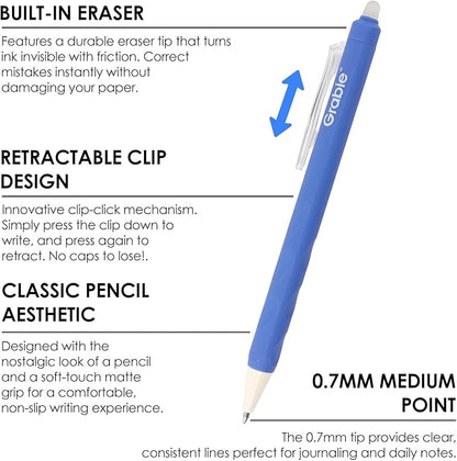 Grabie Erasable Gel Pens, Medium Point 0.7 mm Erasable Pens, Make Mistakes Disappear for Drawing Writing Planner, Pack of 6, Black/Blue/Red