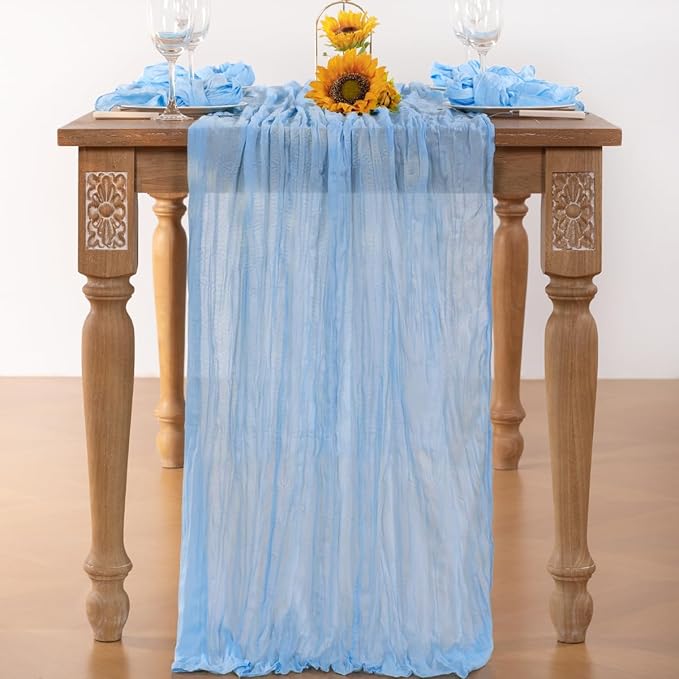 Baby Blue Cheesecloth Table Runner 10 Pack Christmas Table Runners Boho Gauze 120 Inches Light Blue Table Decor for Xmas Holiday Season Parties Wedding Bridal Baby Boy Shower Birthday
