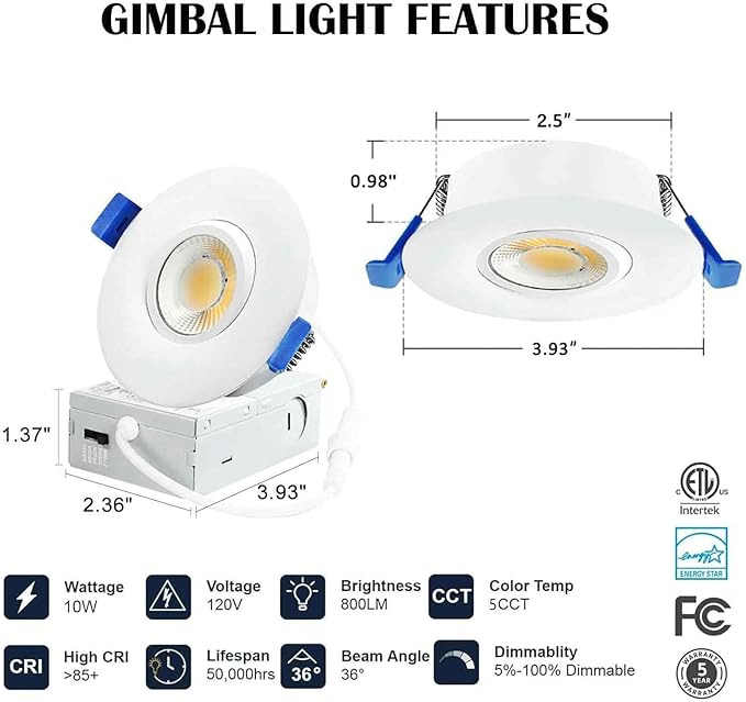 LTpro 3 Inch Gimbal Led Recessed Lights, Waterproof recessed Lights for Shower with Junction Box 10W, Recessed Ceiling LED Lights Dimmable Selectable 3000K-5000K, IC Rated.(1 Pack)