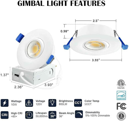 LTpro 3 Inch Gimbal Led Recessed Lights, Waterproof recessed Lights for Shower with Junction Box 10W, Recessed Ceiling LED Lights Dimmable Selectable 3000K-5000K, IC Rated.(1 Pack)