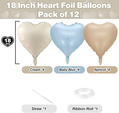 Blue Cream Heart Foil Balloons, 12Pcs Baby Blue Beige Nude Heart Shape Mylar Balloon, 18Inch Macaron Apricot and White Helium Balloons for Boho Birthdays Baby Shower Wedding Valentines Party Decor