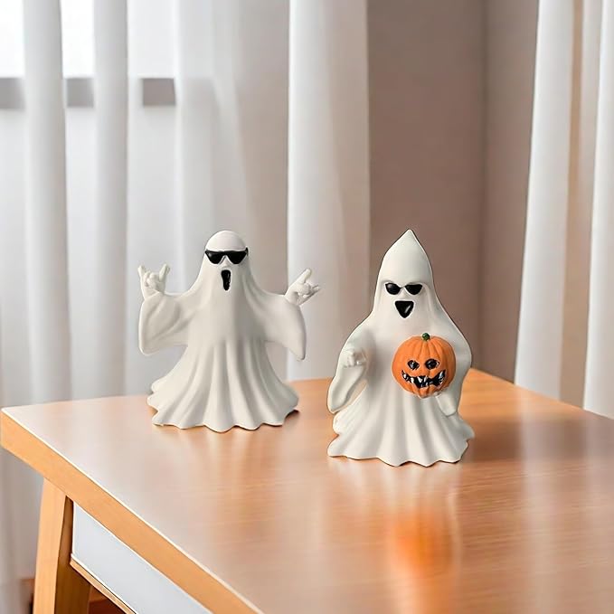 Halloween Ghost Figurine - Spooky Resin Ghost Statue, Cute Finger Ghost Ornaments, Perfect for Indoor & Porch Halloween Decor (Ghost with Glasses)