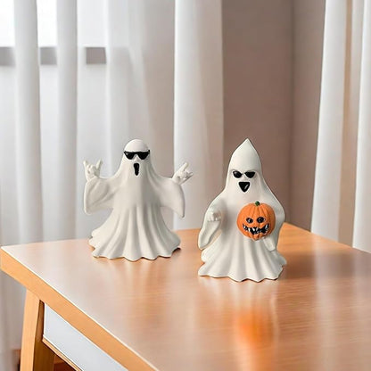 Halloween Ghost Figurine - Spooky Resin Ghost Statue, Cute Finger Ghost Ornaments, Perfect for Indoor & Porch Halloween Decor (Ghost with Glasses)