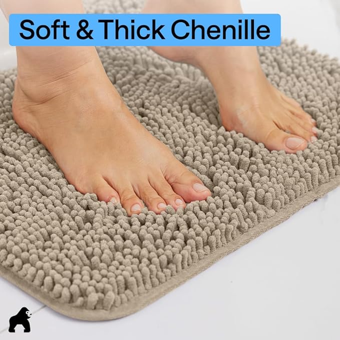 GORILLA GRIP Bathroom Rug Sets 3 Piece, Bath Mat Set and Oval Toilet Base with Rubber Backing, Plush Absorbent Shaggy Chenille Washable Mats, Includes 24x19.5, 24x17 and 30x20 Inch Rugs, Taupe