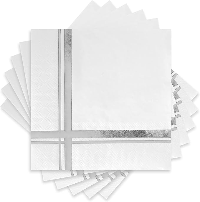 Silver on White Cocktail Napkins - 100 Pack, 5" x 5", 3-Ply Paper - Style Name: Blissful Crossing