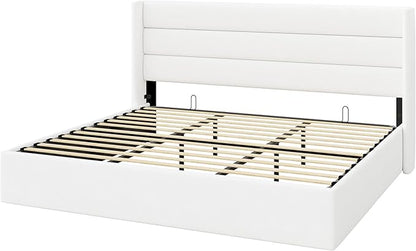 Allewie King Size Velvet Lift Up Storage Bed, Modern Wingback Headboard, Hydraulic Support, No Box Spring Needed, White