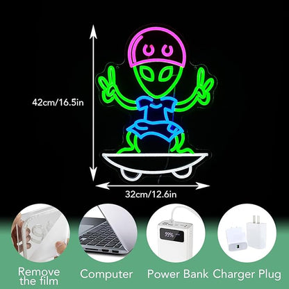Skateboarding Aliens Neon Sign Aliens Led Neon Light for Wall Decor USB Cool Aliens Light Sign for Game Room Bedroom Man Cave Art Wall Decor(16.5”*12.6”)