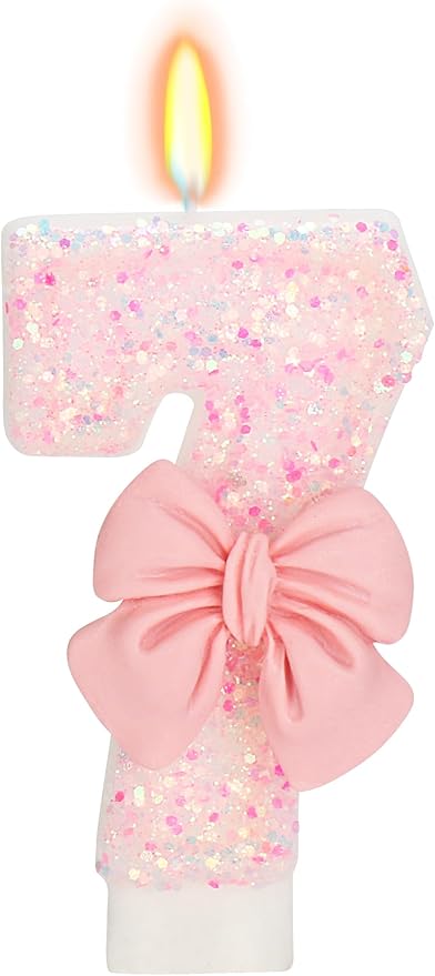 Birthday Candle for Cake, 7 Candle - Pink Glitter with Bowknot, 2.76 inch Happy Birthday Candle, Cake Topper Decoration for 7 Years Old Birthday Party (Number 7)