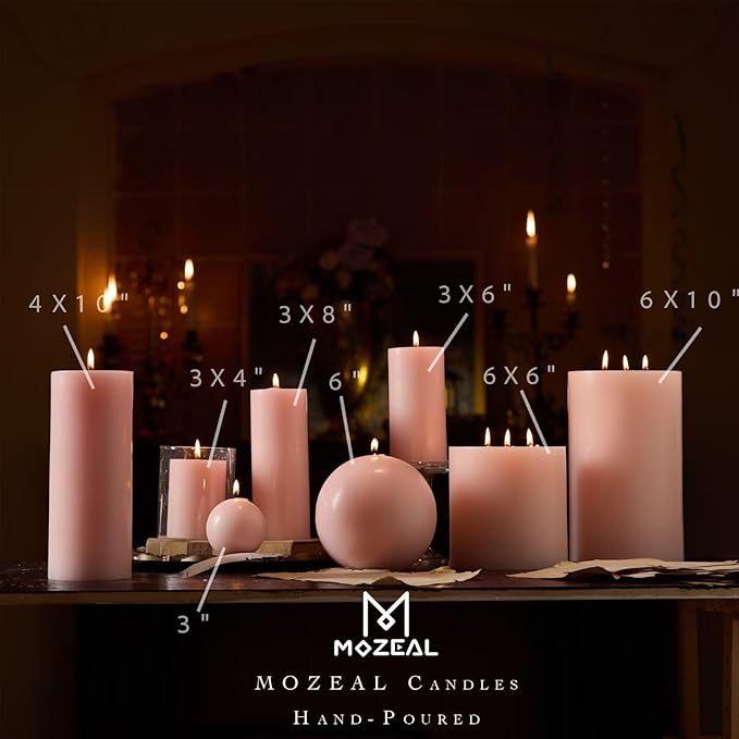 MOZEAL 3" x 6" Hand-Poured Unscented Candle, Dripless Pillar Candle Set of 3, Long Lasting Burning, Approx 120 Hours Burn Time, Rustic Country Style, for Bridal Showers, Soft Elegance, Pearl Blush