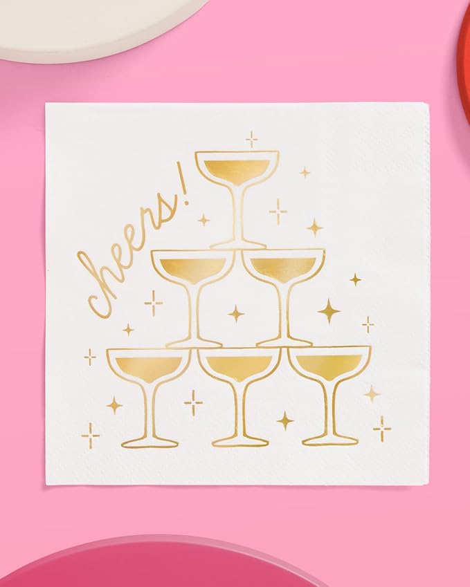 xo, Fetti Gold Foil Cheers Napkins | 3-ply, 50 pcs | Bachelorette Party Champagne Coupe Decorations, Birthday Party Decor, NYE Cocktail Supplies, Celebratory Tableware