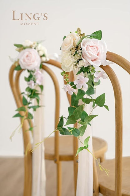 Ling's moment 8pcs Wedding Artificial Aisle Pew Flowers Chair Decorations Arrangements with Chiffon Ribbons Blush Pink Cream for Ceremony Chair Back Floral Decor Reception Church Party Outdoor