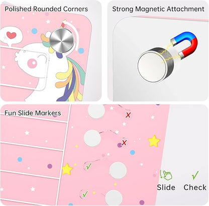 NiHome Acrylic Magnetic to Do List Planning Board with Sliders & Desktop Stand, Kids Chore Chart, Checklist Routine Chart Task Board for Fridge & Desk, for Magnetic Metal Surfaces Only (Pink Unicorn)