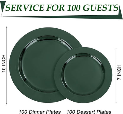 FLOWERCAT 200PCS Dark Green Plastic Plates Disposable Plates for Party - Heavy Duty Plastic Plates - 10" &7" Plate for 100 Guests New Year Parties and Events