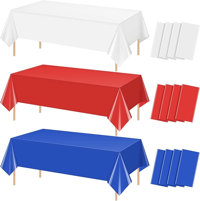 12 Pack 4th of July Tablecloths, Red White and Blue Disposable Plastic Tablecloth, Rectangle Table Cover for Patriotic Independence Day Memorial Day Veterans Day Party Decorations, 54 x 108 Inch