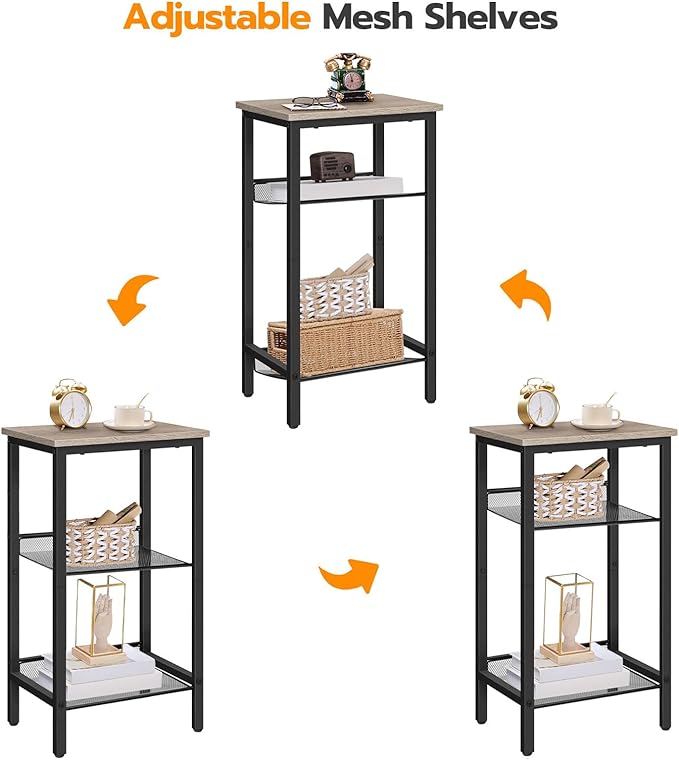 HOOBRO Tall Side Table, 3-Tier Telephone End Table with Adjustable Mesh Shelves, Small Entryway Table with Storage, Small Nightstand for Living Room, Bedroom, Hallway, Office, Greige BG01DH01G1