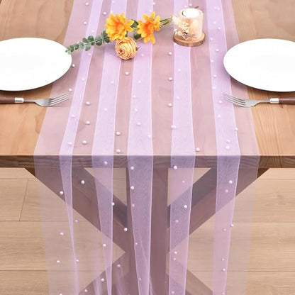 Lilac Pearl Fall Thanksgiving Table Runner Boho Rustic Tulle Lace Table Runner for Baby Shower Wedding Arch Decor Veil Dessert Table Decor