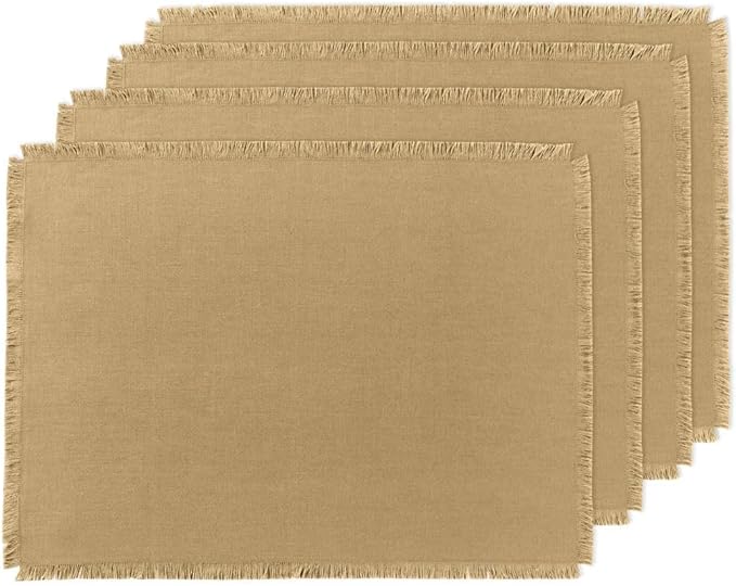 Solino Home Fringe Linen Placemats Set of 4 - 14 x 19 Inch Placemats Kelp - 100% Pure Linen Table Mats for Fall, Autumn, Christmas, Holiday, New Year - Handcrafted and Machine Washable