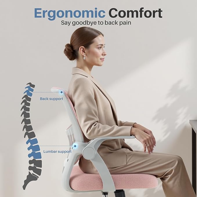 Sweetcrispy Home Office Managerial Executive Chair, Flip Up Armrest Ergonomic Mesh Adjustable Swivel Mid-Back Computer Desk Chair with Comfortable Lumbar Support, Comfy Arms for Bedroom,Study