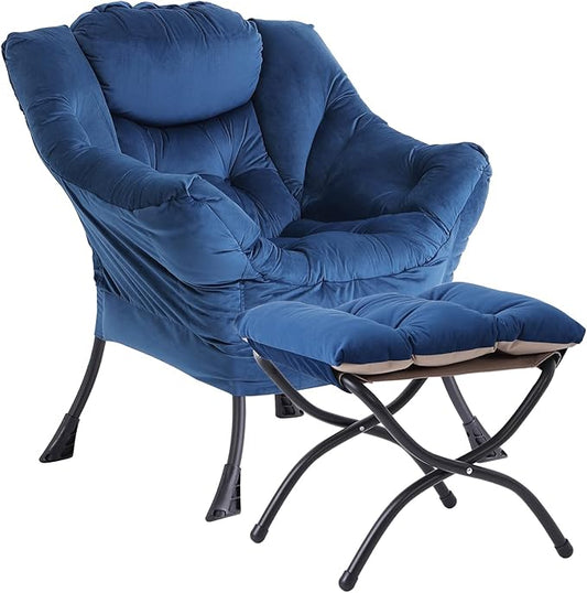 LITA Lazy Chair with Ottoman, Modern Accent Leisure Upholstered Sofa Chair, Contemporary Lounge Reading Chairs with Armrests and a Side Pocket for Living Room, Bedroom & Small Space, Royal Blue