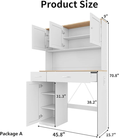 VOWNER 63” Folding Dining Table Set with 71” Tall Kitchen Pantry Storage Cabinet, with Large Drawers and Adjustable Shelves, Space Saving Wood Cupboard with Charging Station for Small Place, 4 Stools