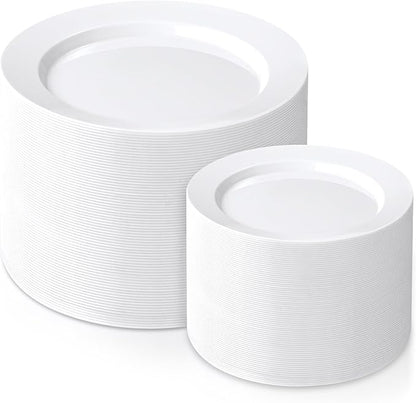 FLOWERCAT 200PCS White Plastic Plates Disposable Plates for Party - Heavy Duty Plastic Plates - 100 10" Dinner Plates and 100 7" Salad Plates for Christmas,Thanksgiving Parties New Year and Events