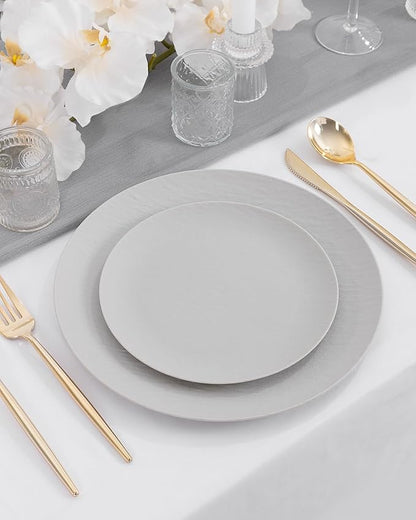 WONDERFUL 32pcs Light Grey Plastic Plates Reusable Unbreakable & Dishwasher safe Dishes Set Outdoor Plates Includes:16 Dinner 10" and 16 Dessert Plate 7.3" Ideal for BBQ Camping Christmas New Year