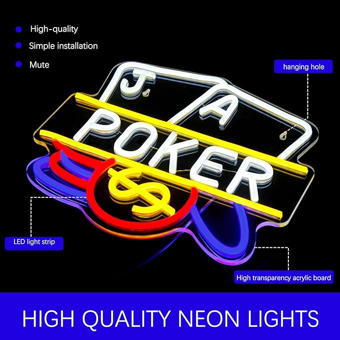 Poker Neon Sign, Playing Cards LED Neon Light for Wall Decor Casino Neon Lights for Man Cave, Bar, Bedroom, Hotel, Game Room, Casino Party Decorations Gift