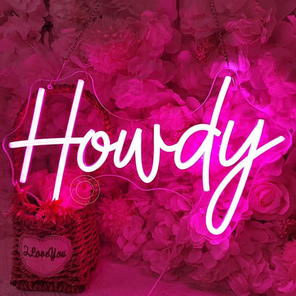 SYLHOME Howdy Led Neon Light Sign Pink Preppy Bedroom Wall Sign Decor Party Birthday Christmas Bar Pub Light Up Signs Girls USB 5V 15.75"X9.65" Dimmer