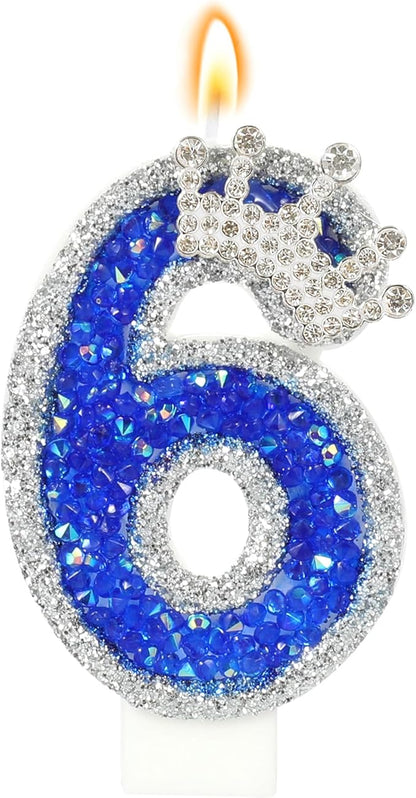 Blue Birthday Candle Crown Number 6 Candle with Sequins Cake Candles Cupcake Decorations Party Decor for Anniversary Celebrations Supplies