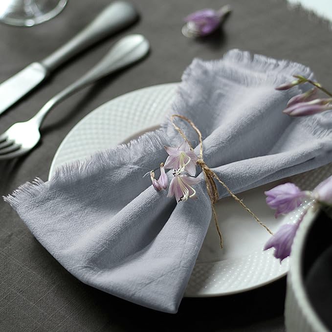 Handmade Cloth Napkins 100% Cotton Napkins with Fringe，Delicate Handmade Cloth Napkins for Dinners, Parties, Weddings and More，18 x 18 Inch Set of 4 - Light Grey