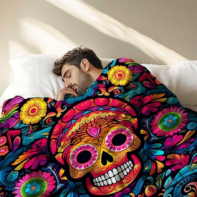Firmiso Sugar Skull Gifts for Women and Men, Day of The Dead Blanket for Home Decor, Halloween Skull Lighweight Fleece for Bed Room and Living Room, 50x60 inches, No Pilling