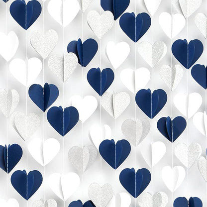 Navy-Blue White Silver 3D-Heart Garland - 39Ft Graduation Hanging Decoration Streamers Banner,Bridal Birthday Engagement Bachelorette Baby Shower Christmas Baby Shower Valentines Party Decor Ouruola