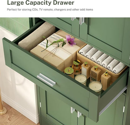 TEENFON Bathroom Floor Storage Cabinet with Adjustable Shelf, Freestanding Storage Cabinet with 4 Doors, Cupboard for Living Room, Home Office, Entryway, Forest Green