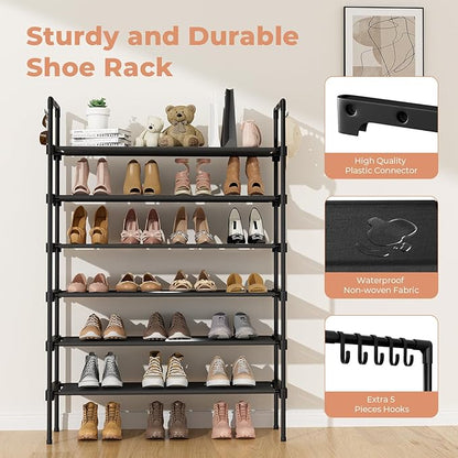 LANTEFUL 6 Tier Shoe Rack for Closet Shoe Organizer with 5 Hooks, Long Shoe Shelf Storage for Shoe and Boot Stackable Free Standing Shoe Rack for Entryway, Garage, Small Spaces, Dorm, Black