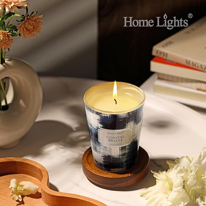 HomeLights Large jar Candle | 1-Wick Long-Lasting Scented Candles, 6.7oz Natural Soy Wax Candle for Home Scented, Scandinavian Minimalist Design Gifts for Women & Men, Coastal Breeze