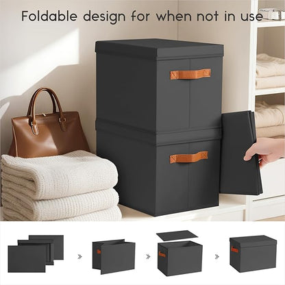 Storage Bins with Lids - Large Fabric Closet Bins with Lid, 5 Pack Clothes Organizers and Storage, Collapsible Stackable Cube Basket for Home, Office, Dorm, Black