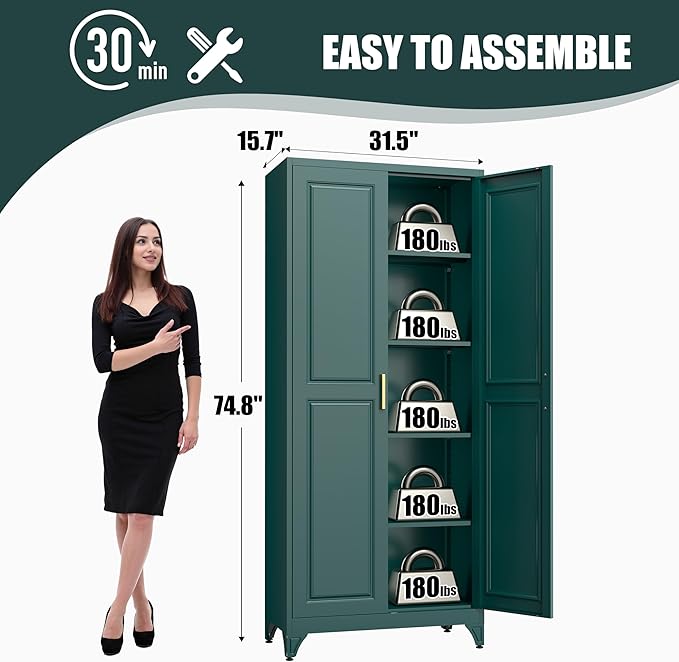 75" Tall Metal Storage Cabinet, Kitchen Pantry Storage Cabinets with Doors and 4 Shelves, Food Pantry Cabinet, Utility Kitchen Cupboard, Large Steel Cabinets for Dining, Living Room, Green