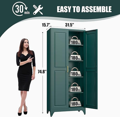 75" Tall Metal Storage Cabinet, Kitchen Pantry Storage Cabinets with Doors and 4 Shelves, Food Pantry Cabinet, Utility Kitchen Cupboard, Large Steel Cabinets for Dining, Living Room, Green