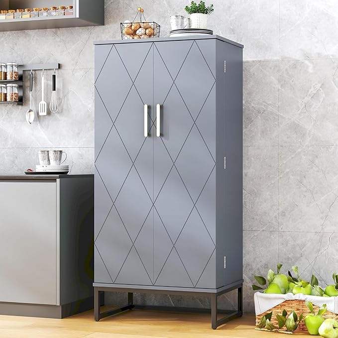 51" Kitchen Pantry Storage Cabinet, Freestanding Pantry Cabinets with Doors andAdjustable Shelves, Buffet Cupboards Storage Cabinet for Home Office Use, DinningRoom(Grey)