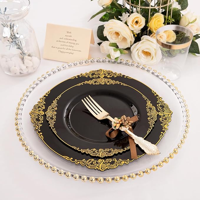 Hioasis 350pcs Black and Gold Plastic Plates - Diposable Dinnerware Set Suitable for 50 Guests Include 10.25" Dinner & 7.5" Dessert Plates, Pre Rolled Silverware Set, Cups for Party & Wedding