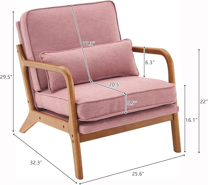 Bonnlo Linen Pink Mid Century Modern Accent Chair, Soild Wood Padding Lounge Armchairs Side Sitting Chairs for Living Room, Bedroom, Guest Room